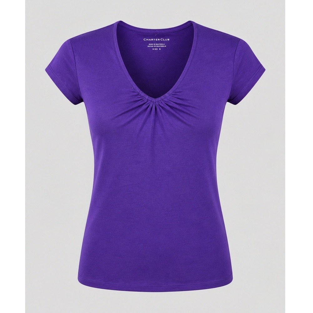 Charter Club Womens Ruched V-Neck Short Sleeve Top Persian Plum Purple Small NEW